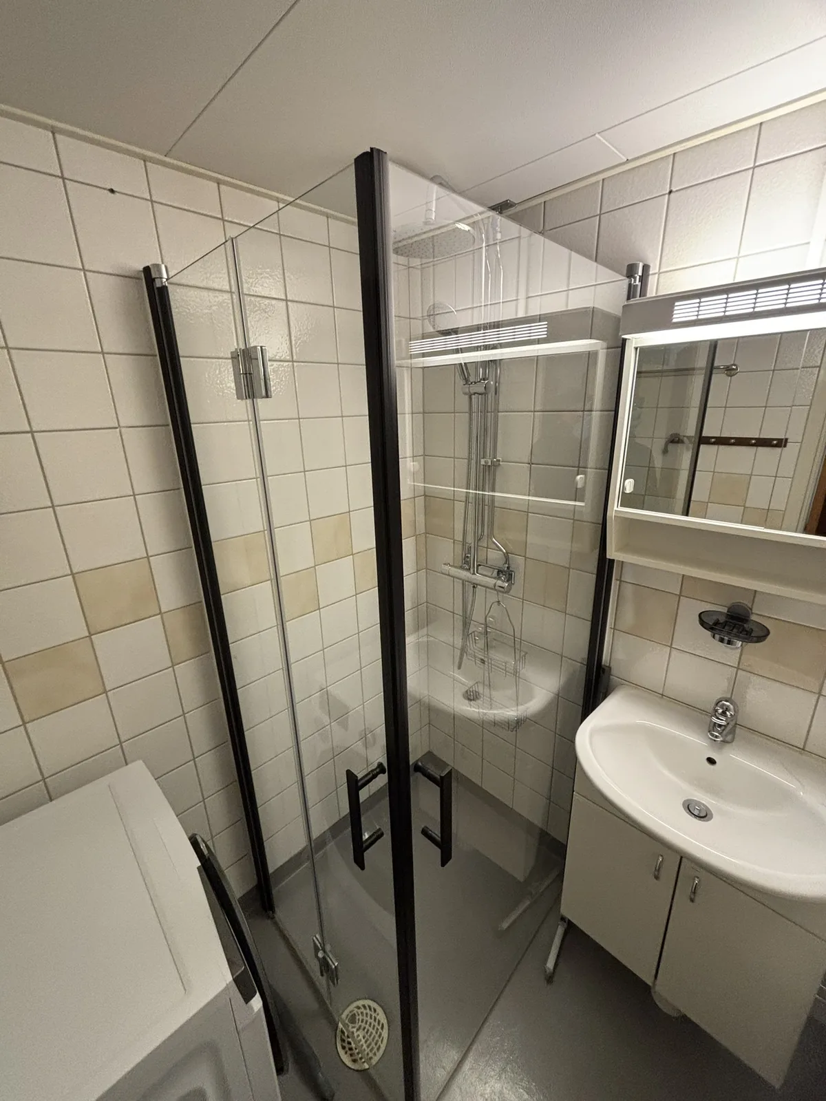 Rengjort badrum med duschväggar och handfat